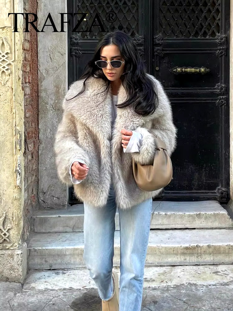 Women Fashion Cropped Faux Fur Jacket Coat Long Sleeve Front Snap-Button Female Outerwear Chic Lapel Collar Thick Coat