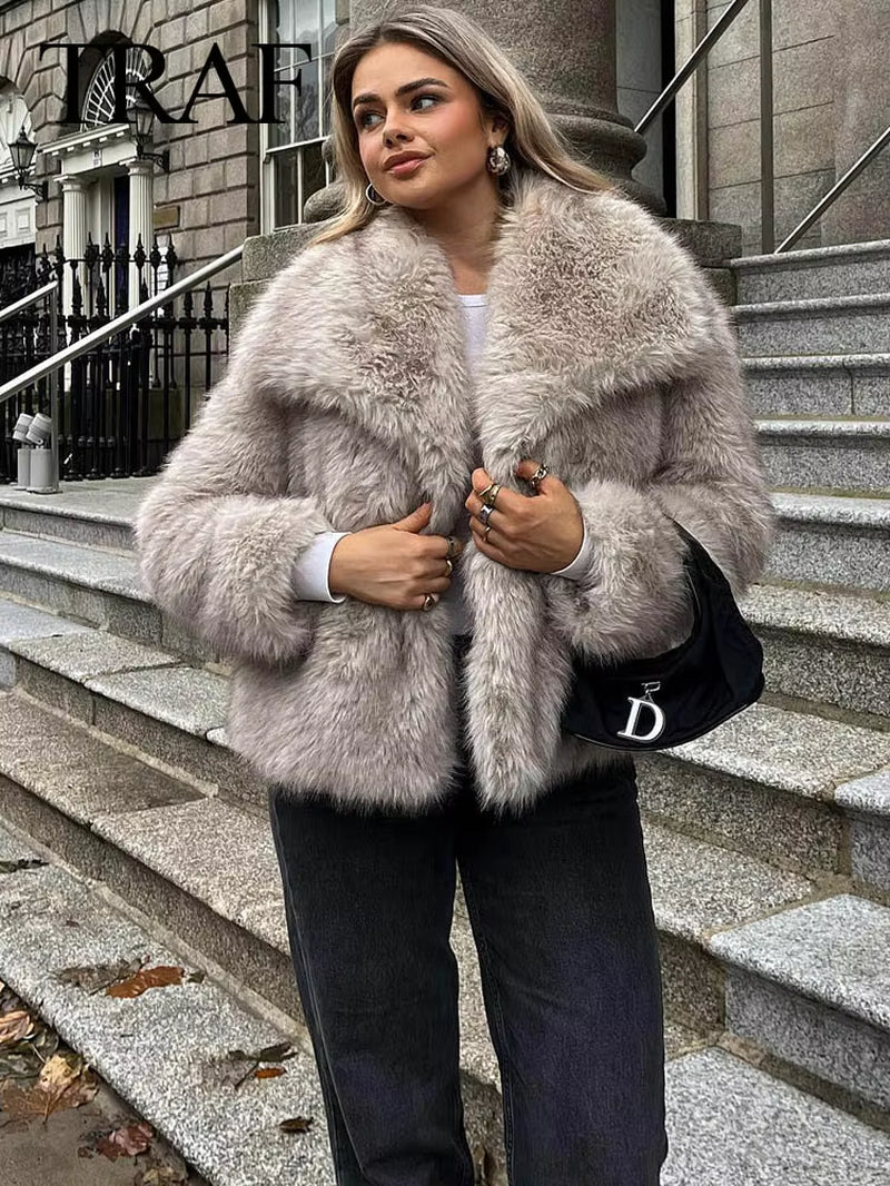 Women Fashion Cropped Faux Fur Jacket Coat Long Sleeve Front Snap-Button Female Outerwear Chic Lapel Collar Thick Coat