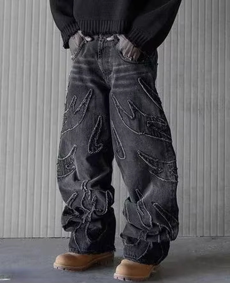 Y2K Hip Hop Baggy Jeans for Men Distressed Retro Black Pants Embroidery Harajuku Gothic Wide Leg Trousers Streetwear Pants