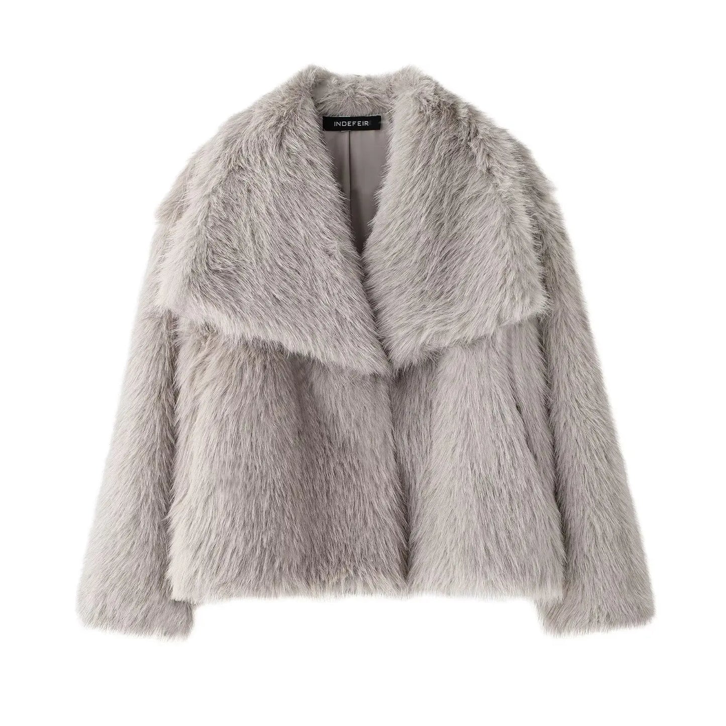 Women Fashion Cropped Faux Fur Jacket Coat Long Sleeve Front Snap-Button Female Outerwear Chic Lapel Collar Thick Coat
