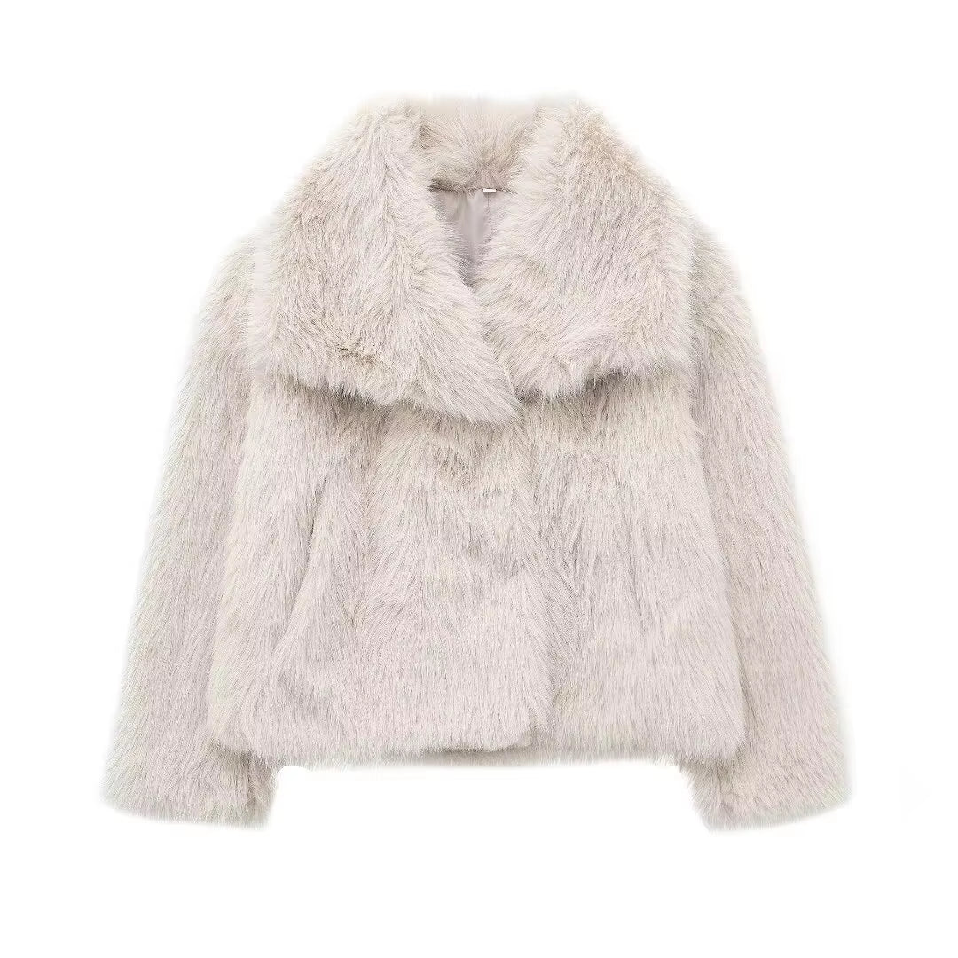 Women Fashion Cropped Faux Fur Jacket Coat Long Sleeve Front Snap-Button Female Outerwear Chic Lapel Collar Thick Coat