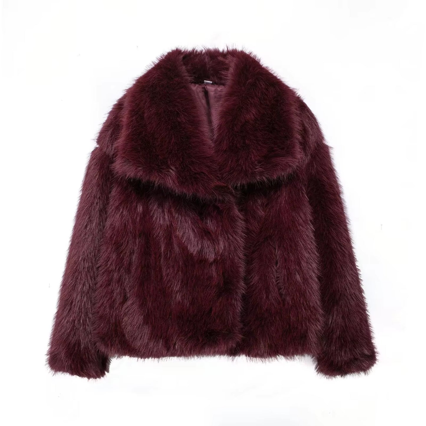Women Fashion Cropped Faux Fur Jacket Coat Long Sleeve Front Snap-Button Female Outerwear Chic Lapel Collar Thick Coat