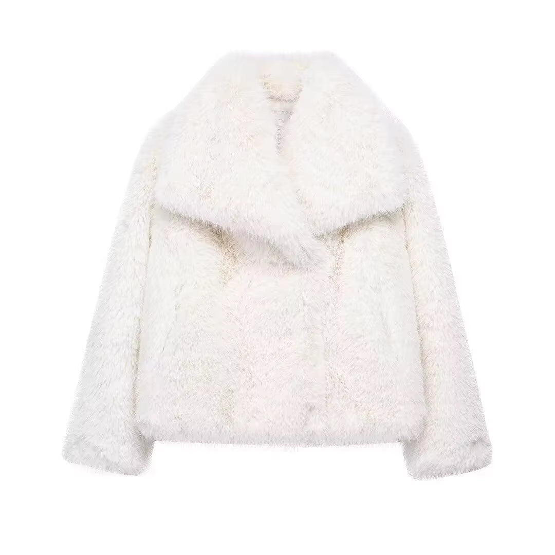 Women Fashion Cropped Faux Fur Jacket Coat Long Sleeve Front Snap-Button Female Outerwear Chic Lapel Collar Thick Coat