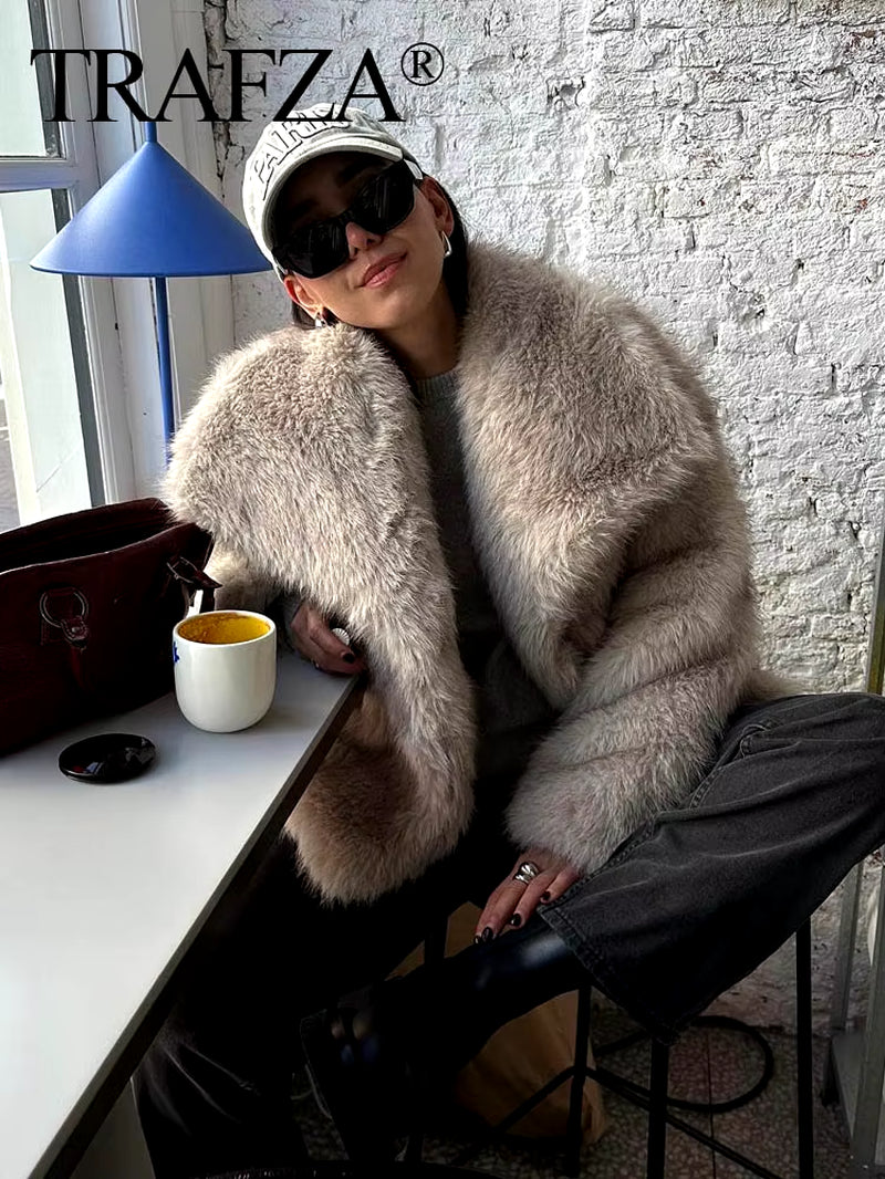 Women Fashion Cropped Faux Fur Jacket Coat Long Sleeve Front Snap-Button Female Outerwear Chic Lapel Collar Thick Coat