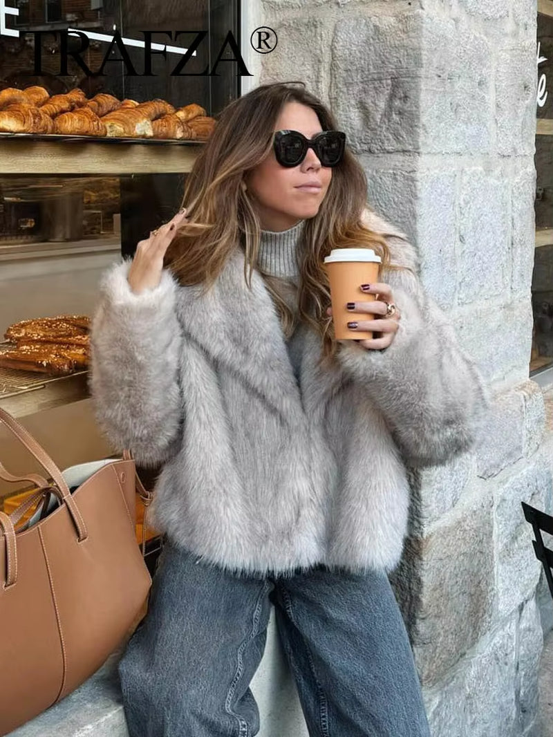 Women Fashion Cropped Faux Fur Jacket Coat Long Sleeve Front Snap-Button Female Outerwear Chic Lapel Collar Thick Coat