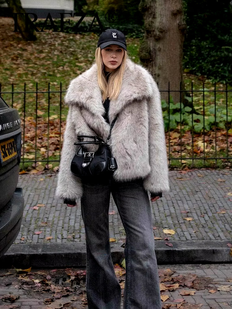 Women Fashion Cropped Faux Fur Jacket Coat Long Sleeve Front Snap-Button Female Outerwear Chic Lapel Collar Thick Coat